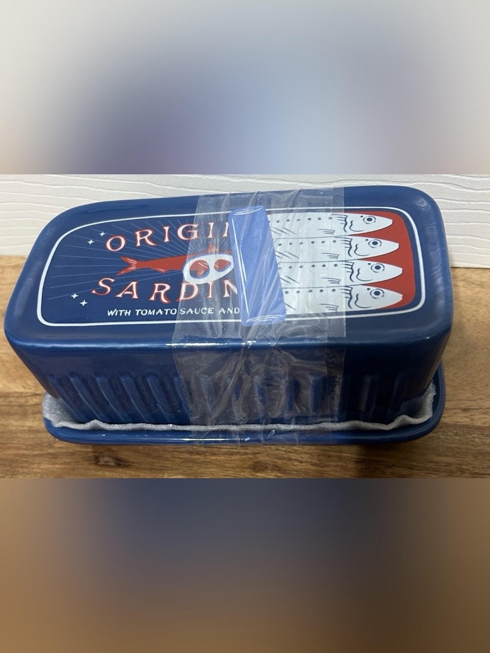 Can of Sardines Shaped Butter Dish Ceramic Novelty Blue NEW